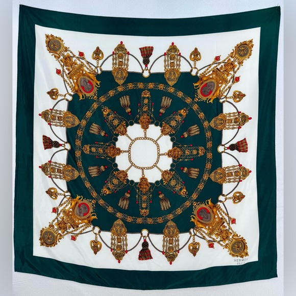 Hermes Authentic 100% Silk Large Scarf Gold Emerald Green 35”x35” - Picture 8 of 11